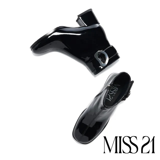 【MISS 21】復古時髦扭曲大釦牛漆皮方頭高跟短靴(黑)