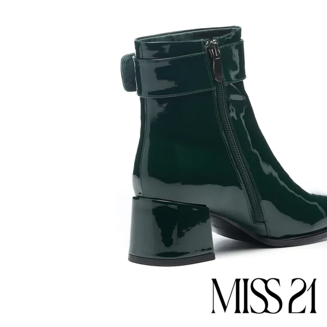 【MISS 21】復古時髦扭曲大釦牛漆皮方頭高跟短靴(綠)