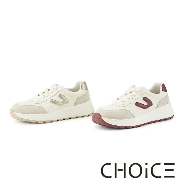 【CHOiCE】復古雙皮質拼接厚底綁帶休閒鞋(紅色)