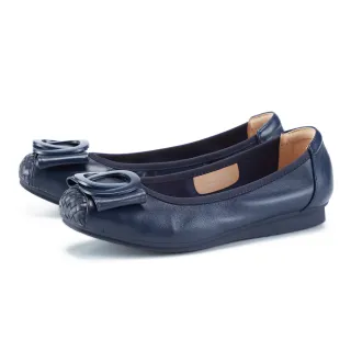 【ORIN】牛皮方頭編織拼接蝴蝶結平底鞋(深藍)