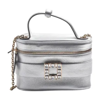 【ROGER VIVIER】Vanity方形水晶鑽牛皮拉鍊手提/斜背包(銀色RBWANMH0000L4QB200)