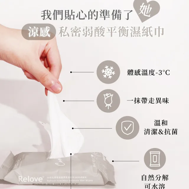 【Relove 官方直營】30秒私密肌弱酸清潔濕紙巾 任選5包(10+5抽/包 私密清潔 無涼/涼感玫瑰)