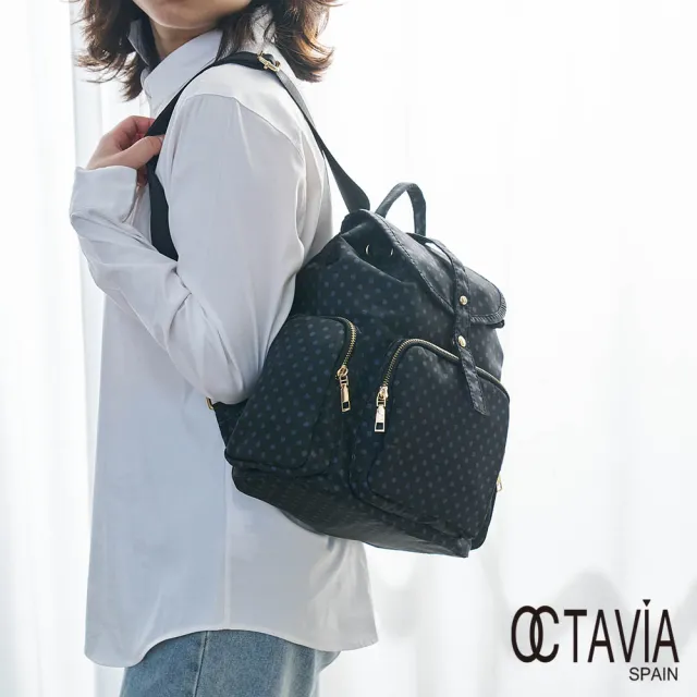 【OCTAVIA 8】雙11 旅伴II  彌生圓點多口袋束口防水尼龍後背包 -大大黑(後背包 點點風)