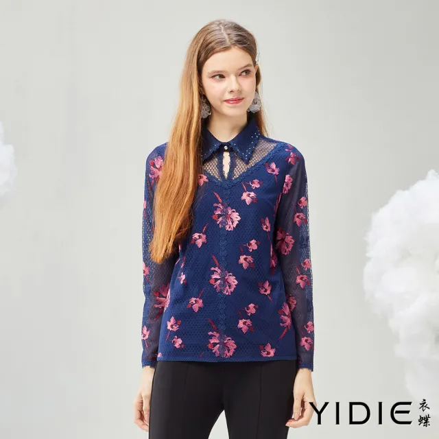 【YIDIE】刺繡花卉蕾絲上衣-藍