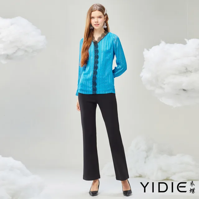 【YIDIE】蕾絲拼接格紋雪紡上衣-水藍