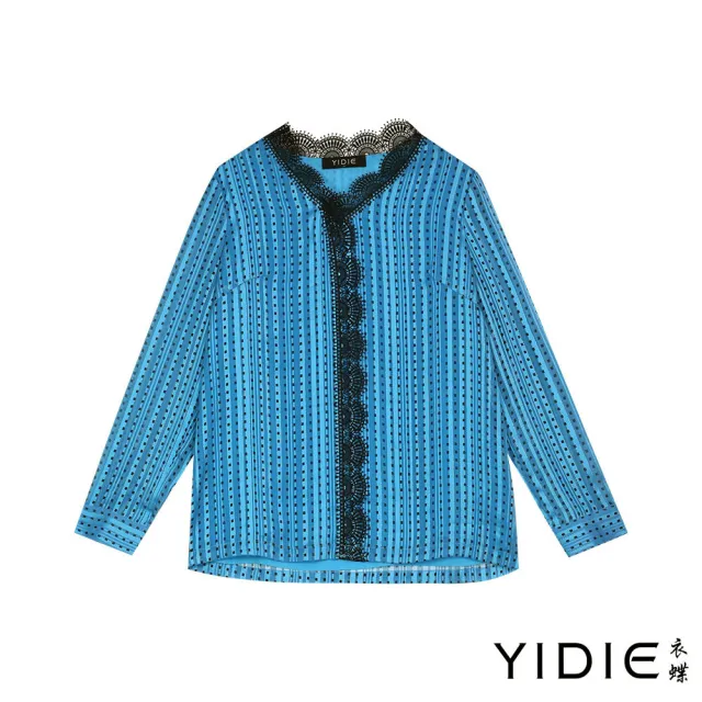 【YIDIE】蕾絲拼接格紋雪紡上衣-水藍