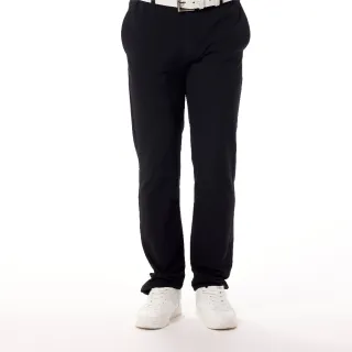 【Lynx Golf】男款防風保暖防潑水內刷毛彈性布料基本款素面後袋山貓繡花平口休閒長褲(黑色)
