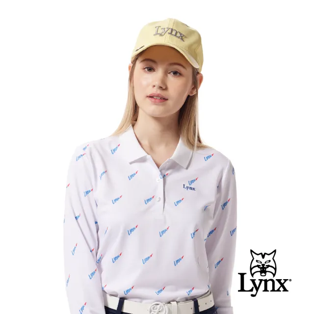 【Lynx Golf】女款吸排抗UV咖啡紗材質Lynx字樣旗幟造型印花長袖POLO衫/高爾夫球衫(白色)