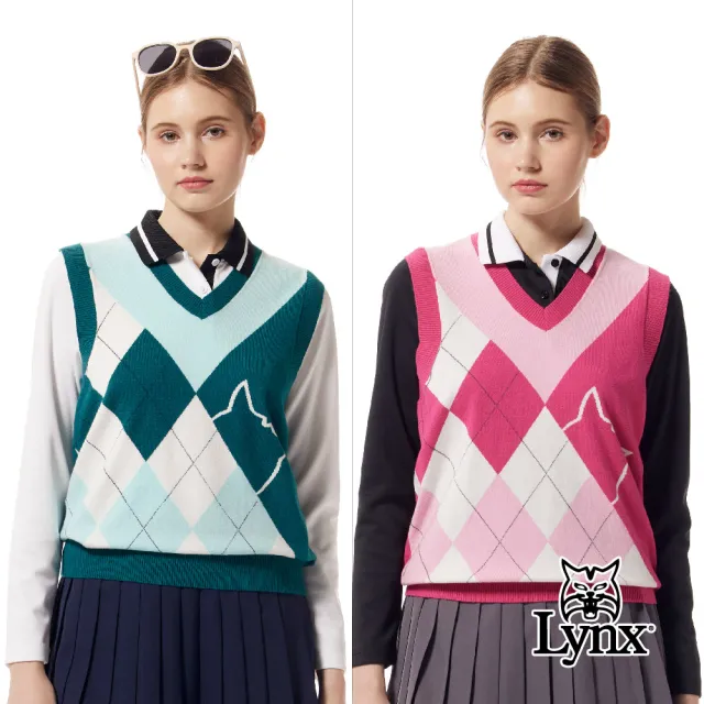 【Lynx Golf】女款兔絨包芯紗材質彈性舒適英倫學院風造型經典貓頭圖樣無袖V領背心(二色)