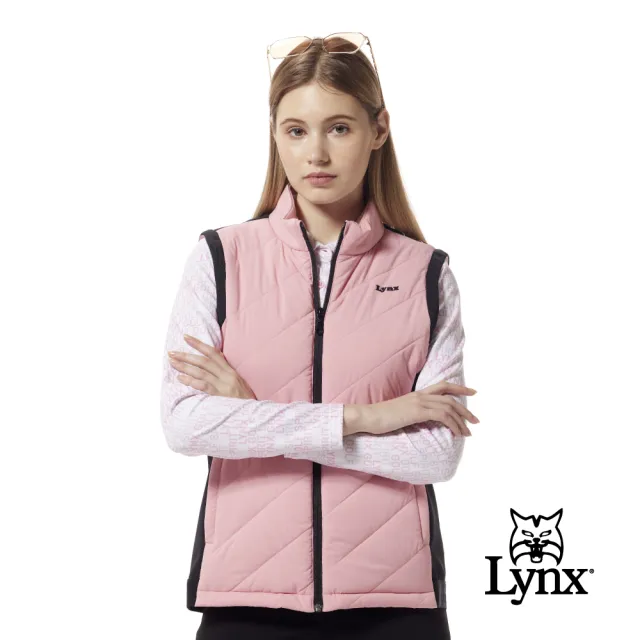 【Lynx Golf】女款保暖舒適壓線後背造型剪裁配布壓光織帶剪接拉鍊口袋無袖背心(二色)