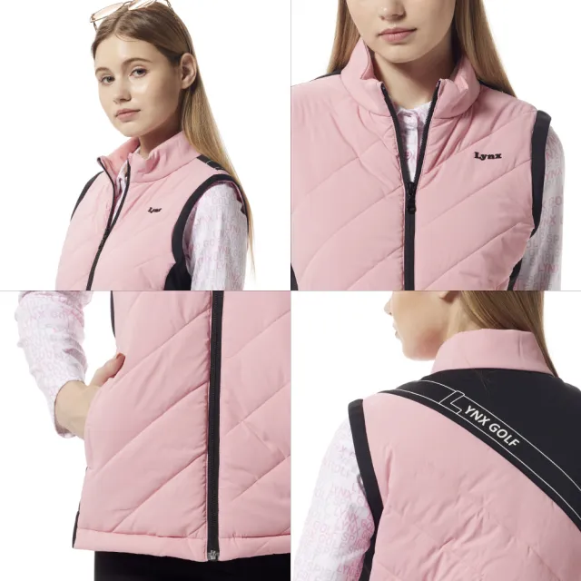 【Lynx Golf】女款保暖舒適壓線後背造型剪裁配布壓光織帶剪接拉鍊口袋無袖背心(二色)