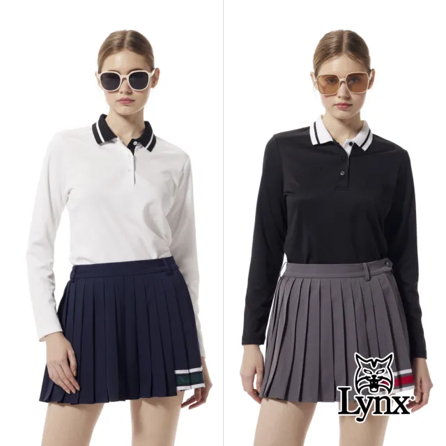 【Lynx Golf】女款合身版吸濕排汗緹花工藝電腦領片造型山貓膠標長袖POLO衫/高爾夫球衫(二色)