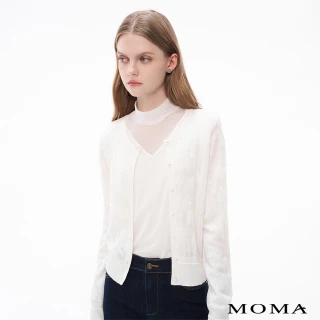 【MOMA】細閃微光滿版緹花蕾絲珍珠釦萊賽爾針織外套(白色)