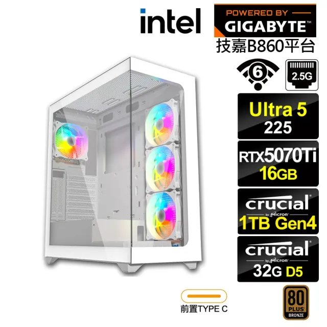 【技嘉平台】U5十核GeForce RTX 5070 TI{蒂羅L8CC}電競電腦(Ultra 5 225/B860/32G D5/1TB/WIFI)