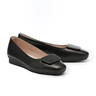 【MELROSE】美樂斯 簡約典雅純色方釦全真皮楔型方頭低跟鞋(黑)