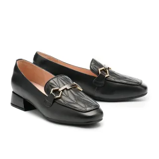 【MELROSE】美樂斯 復古時尚造型釦牛皮樂福方頭低跟鞋(黑)