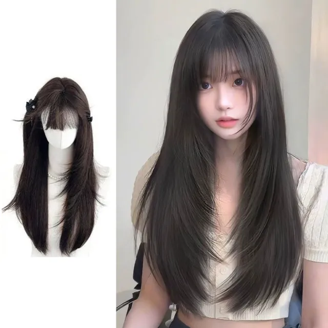【LEEHER】長直髮/免戴髮網/假髮/全頭套式/中分瀏海/女生假髮/瀏海假髮/高層次假髮