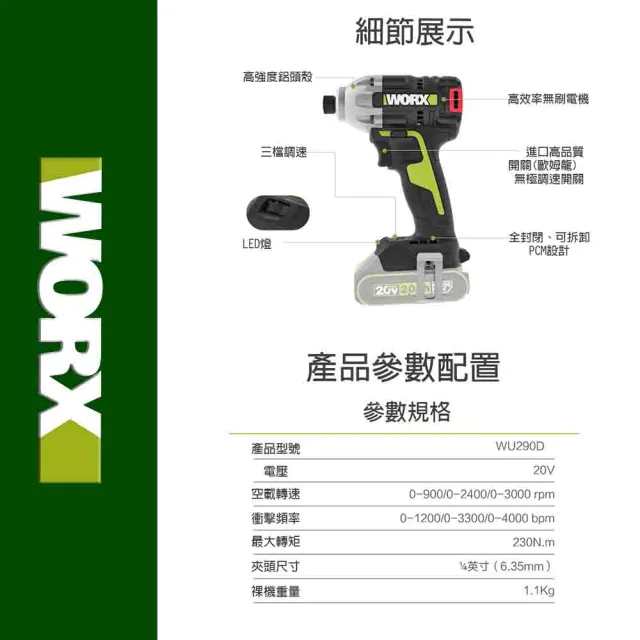 【WORX 威克士】20V 無刷鋰電 3 段速衝擊起子機 空機(WU290D.9)
