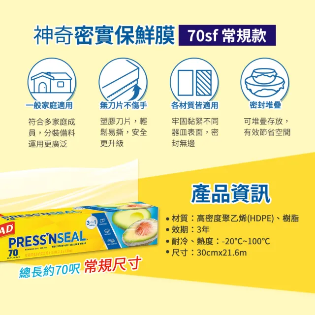 【GLAD佳能】Press N Seal密實保鮮膜-3入-30公分x21.6公尺(美國FDA認證/不含雙酚A/無塑化劑/強力保鮮膜)