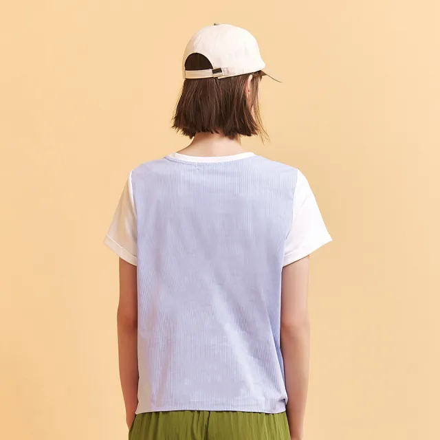 【OUWEY 歐薇】圖形文字異素材拼接打結棉T(白；M-XL；3252391227)