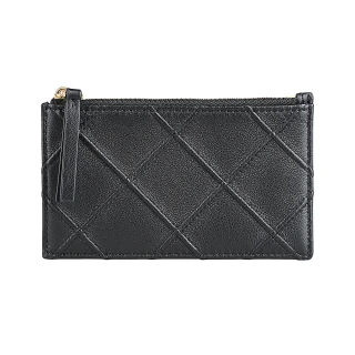 【TORY BURCH】TORY BURCH Fleming 浮雕T字LOGO小羊皮立體斜紋4卡拉鍊零錢卡夾(黑)