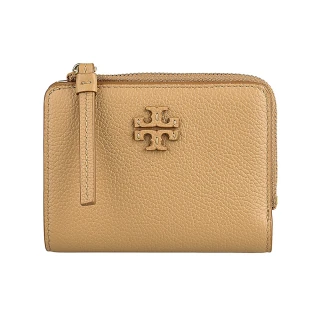 【TORY BURCH】TORY BURCH Mcgraw 皮革T字LOGO小牛皮內搭織布6卡按釦拉鍊袋短夾(提拉米蘇棕)