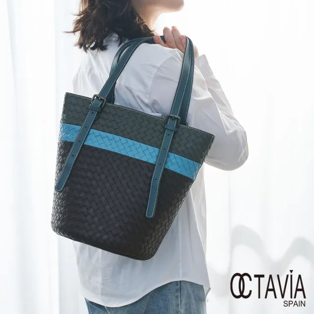 【OCTAVIA 8】真皮- 一抹藍 牛皮編織三色圓桶肩背包(編織托特包)