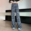 【D.studio】韓版冰絲渲染直筒高腰顯瘦垂感寬褲(褲子 長褲 休閒褲 女裝 高腰褲 拖地褲 直筒褲 黑褲 P391)