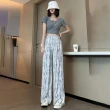 【D.studio】韓版冰絲渲染直筒高腰顯瘦垂感寬褲(褲子 長褲 休閒褲 女裝 高腰褲 拖地褲 直筒褲 黑褲 P391)