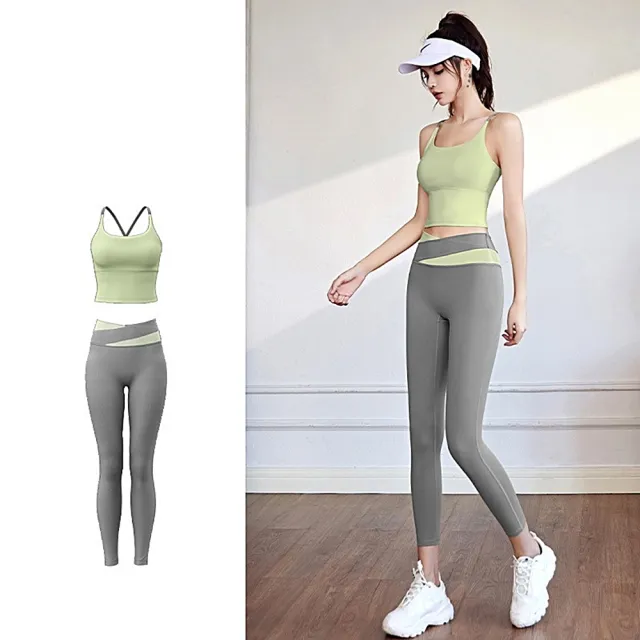 【米蘭精品】現貨+預購  瑜珈服套裝無袖運動服運動上衣瑜伽褲運動內衣(輕盈拼色高腰長褲女休閒服4色74ek2)