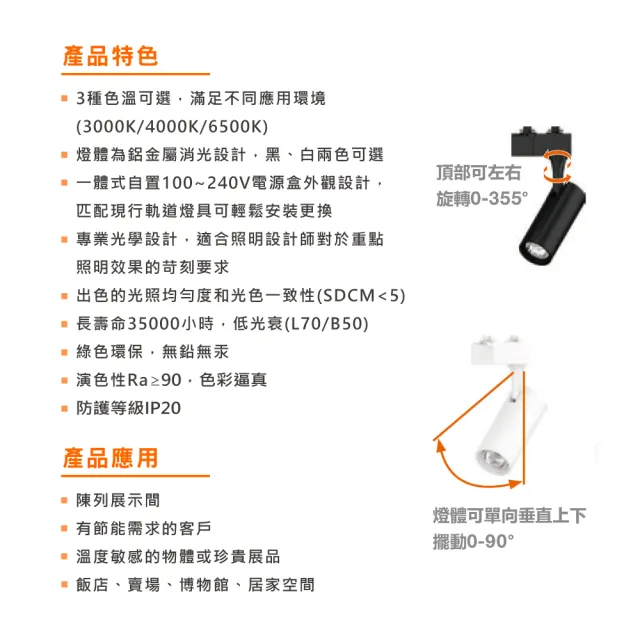 【Osram 歐司朗】LED 10W 晶享軌道燈 黑殼 白殼 白光 黃光 自然光 2入組(LED 10W 軌道燈)