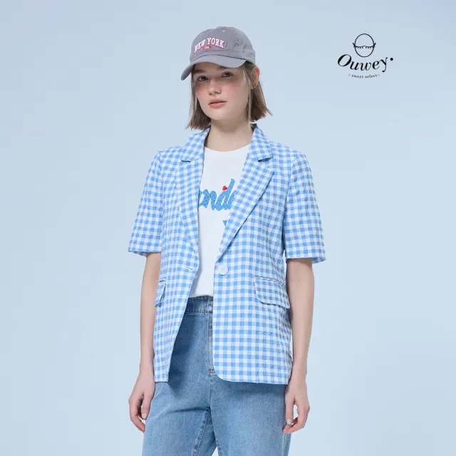 【OUWEY 歐薇】夏日清爽格紋泡泡布西裝外套(藍；S-L；3252324748)