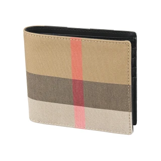 【BURBERRY 巴寶莉】BURBERRY內燙印銀字LOGO棉質拼接小牛皮8卡對開短夾(男款/灰褐x褐格紋)