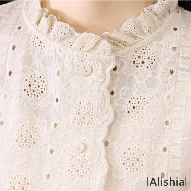【Alishia】淑女氣質荷葉領蕾絲繡花襯衫 M-2XL(米色／白色)