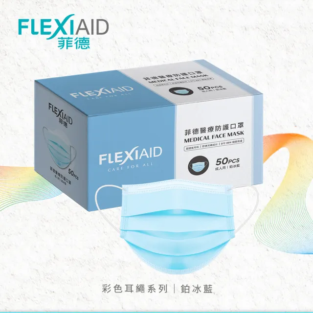 【Flexi-Aid 菲德】醫療防護口罩（成人用）珀冰藍／50入盒裝(舒適耳繩設計)