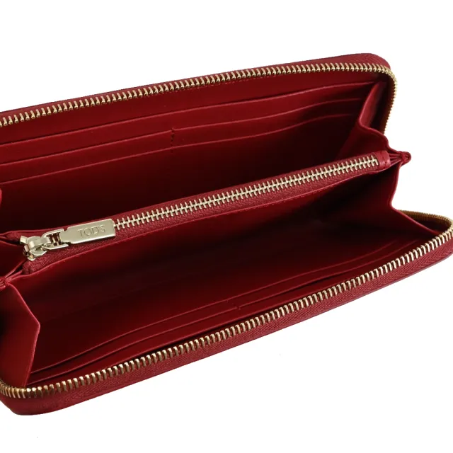 【TOD’S】TODS 簡約LOGO滑面小牛皮拉鍊發財零錢長夾(亮紅)