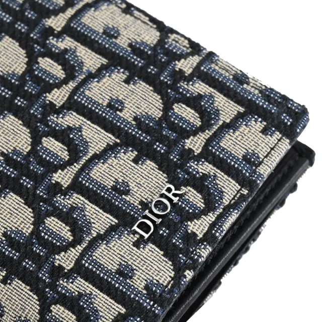 【Dior 迪奧】經典品牌LOGO緹花拼接多卡對折零錢長夾(深藍)