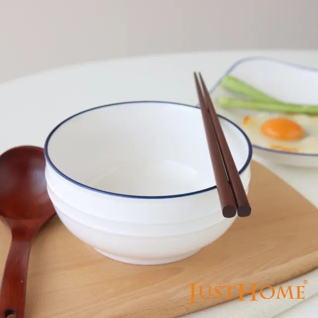 【Just Home】簡約純白藍邊陶瓷6吋麵碗/8吋湯盤-兩款任選一(可微波 碗 陶瓷碗 泡麵碗 湯盤 碗盤)