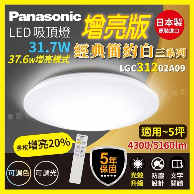 【Panasonic 國際牌】★增亮版★3-5坪 31.7W 吸頂燈 經典三(LGC31202A09 最新版 日本製 5年保固)
