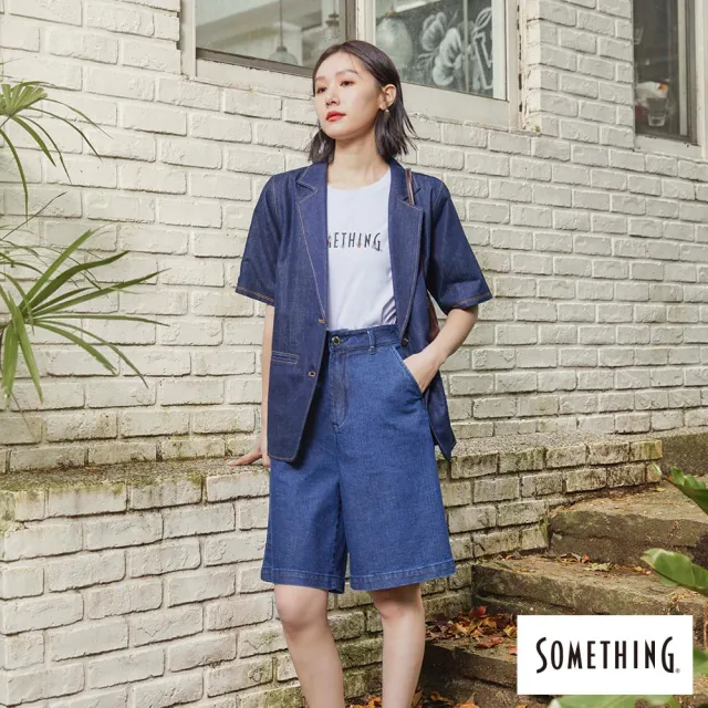【SOMETHING】女裝 斜口袋基本寬版五分褲(酵洗藍)
