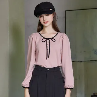 【H2O】蝴蝶結坑條紋上衣(#5631003 雪紡上衣、長袖上衣 米白色/粉色)