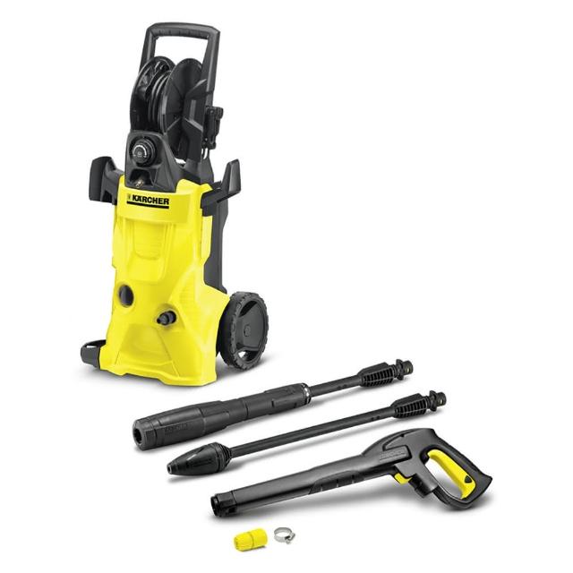  KARCHER 凱馳 K4P 高壓清洗機，黃色系手持式設計，適閤家庭清潔使用。連線水管即可運作，無儲水功能，具可洗式集塵筒方便維護。尺寸約 332 x 426 x 872 mm，重量 12.833 kg (不含配件)，電壓 110V。中國製造，提供 1 年保固。高效清潔車輛、地板與戶外表面，BSMI 認證，持久耐用。 