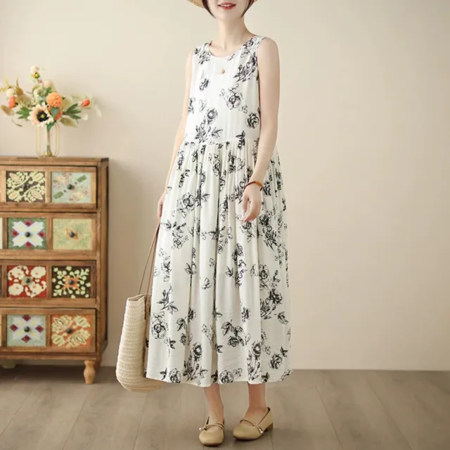 【漂亮小媽咪】夏日 度假風 棉麻 微透光 印花 洋裝 連身裙 無袖 修身 花
