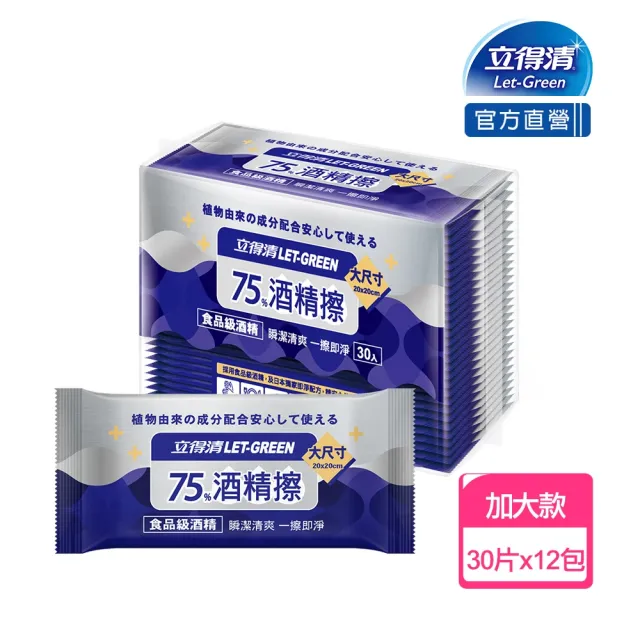 【立得清】75%酒精擦濕紙巾 清潔抗菌 擦拭無水痕-單片裝(30片x 12包   最大尺寸20x20cm)