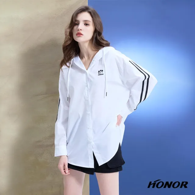 【HONOR 山形屋】出清品 品牌刺繡線條長版連帽外套-白(限定出清)