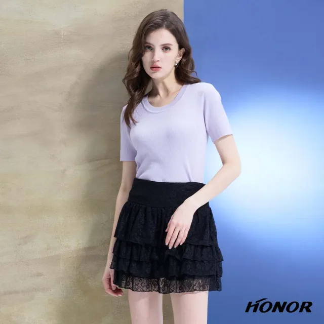 【HONOR 山形屋】出清品 素色大圓領坑條短袖上衣-白/黑/淺紫(限定出清)