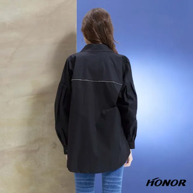 【HONOR 山形屋】出清品 網點蝶結櫻桃印花長版襯衫-黑/紫(限定出清)
