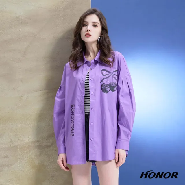 【HONOR 山形屋】出清品 網點蝶結櫻桃印花長版襯衫-黑/紫(限定出清)