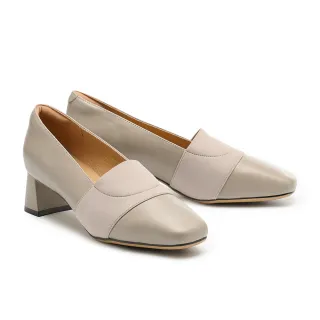 【MELROSE】美樂斯 內斂知性鬆緊帶拼接牛皮方頭高跟鞋(可可)