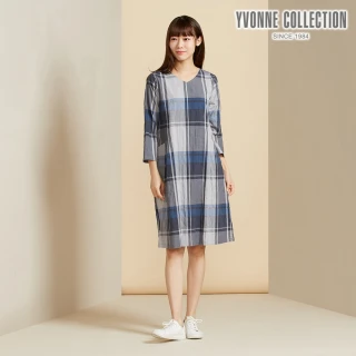 【YVONNE 以旺傢飾】皺皺格紋V領九分袖洋裝-深藍